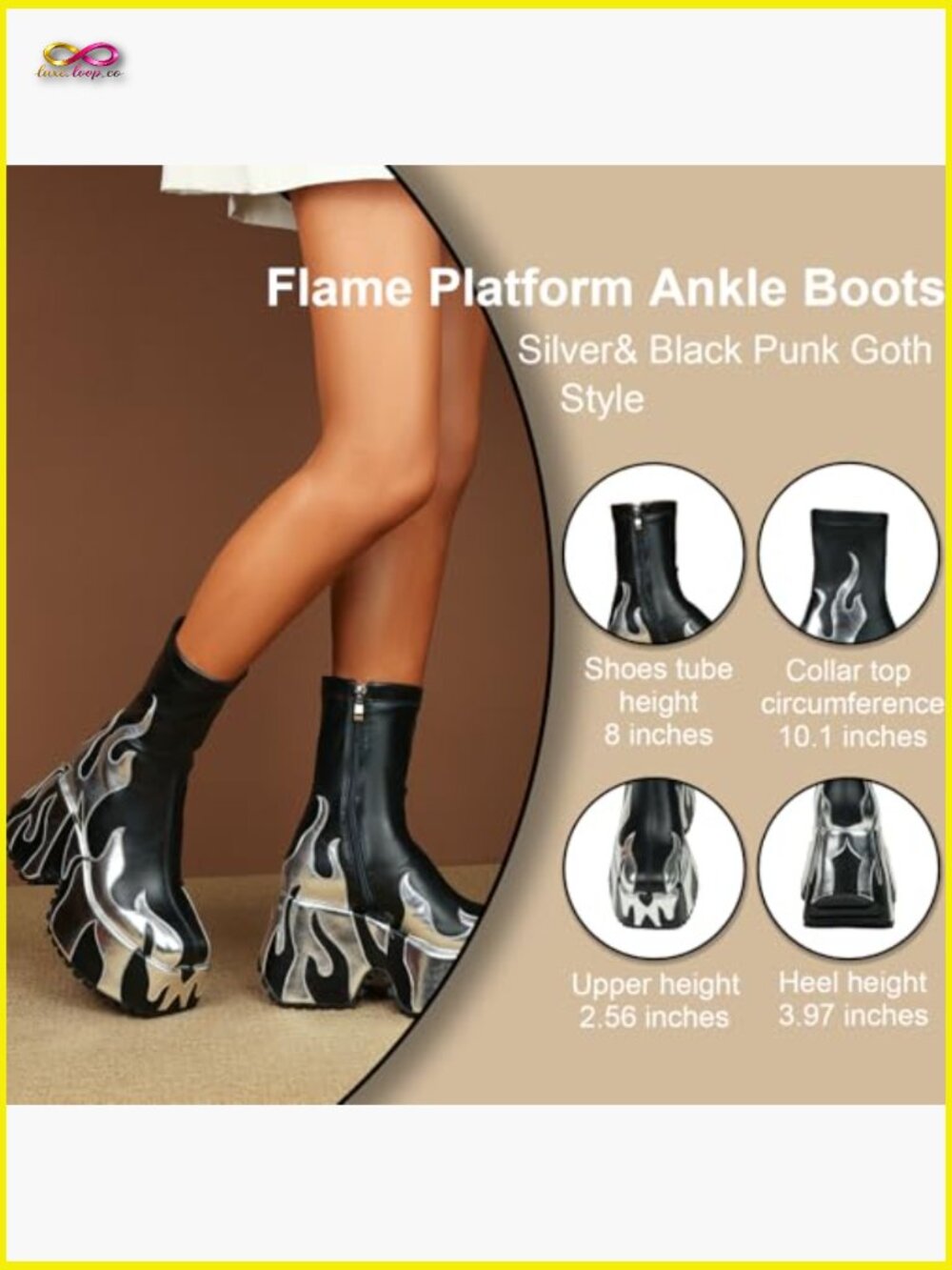 Chunky Sole Ankle Boots with Flames Printing, Platform Heel, Zipper Closure - Picture 6 of 7